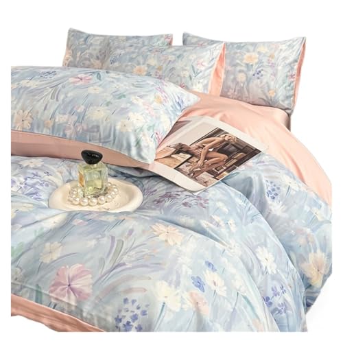 DFGBAPKBL Seidenbettwäsche-Set Satin-Seide-Bettbezug-Set s for den Sommer, Blumen-Druck, Bettbezug-Set, Queen/King Size, seidiges Bettwäsche-Set(Color F)