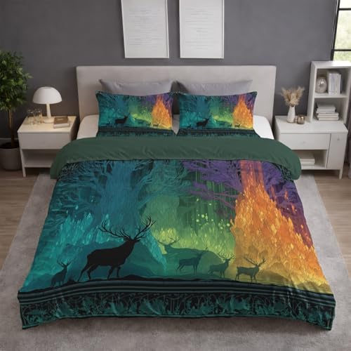 Generisch Bettwäsche 140x200 Set - Mikrofaser Bettbezug 140x200 cm mit 1 Kissenbezug 80x80 cm, Wendebettwäsche, ultraweich und hautfreundlich, Blaugrün, Illustration Bäume Hirsche