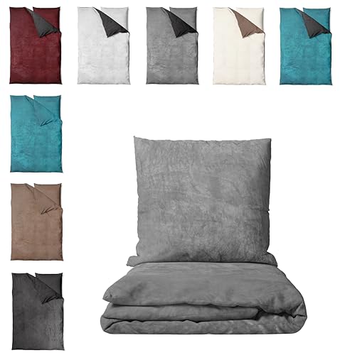 one-home Winter Bettwäsche Unifarben Teddy Plüsch Cashmere Touch Nicki Coral Fleece Flauschig Kuschelig Warm Weich, Farbe:Uni grau, Größe:4 teilig 135x200 cm