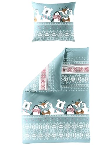 JACK by Bierbaum Biber Bettwäsche 2 TLG. 135x200cm Pinguin Eisbär Eisscholle Rentier Blau Weiß Rot