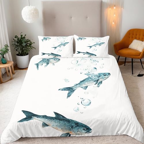 Fisch Bettwäsche 135X200 Tier Bettbezug Junge Mädchen 3D Effekt Teenager Bettwäsche-Set Mikrofaser Bettbezug Mit Reißverschluss Und 2 Kissenbezug 80X80Cm