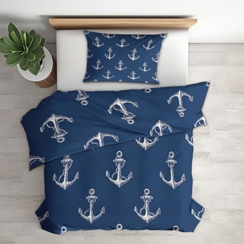 Generisch Bettwäsche 200x200 Ankers Seefahrt - Schlafzimmer Deko Bettbezug 200 x 200 3tlg Meer Marineblau Muster, 2 Kissenbezug 80x80, mit Reißverschluss, Weich Mikrofaser RE-884