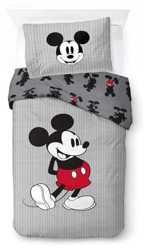 Jay Franco Disney Mickey Mouse Set gestreift – Bettbezug Set für eine Person inklusive Kopfkissenbezug 50 x 70 cm, warmes Bettwäsche Set Baumwolle