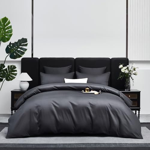 Gezu 100% Baumwolle Bettwäsche 200x200cm Grau Anthrazit Mako Satin Bettwäsche Baumwollesatin 3 Teilig Einfarbig Uni Ästhetik Weich Bettbezug Set 200x200cm mit 2 Kissenbezug 80x80 und Reißverschluss