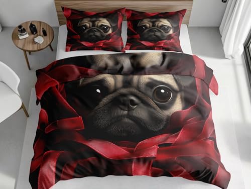 SKOEUI Bettwäsche 200x200 cm Tier Mops Bettbezüge Microfaser Bettwäsche Weich Flauschige Deckenbezug mit Kissenbezug 80x80cm für Allergiker Geeignet, Rot
