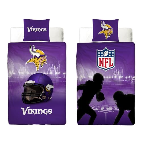 NFL Bettwäsche Minnesota Vikings 135 x 200 cm + 80 x 80 cm 100% Baumwolle Renforcé-Linon-Qualität Reißverschluss American Football Fan Super Bowl Viktor Viking Ragnar Wende-Bezug deutsche Größe