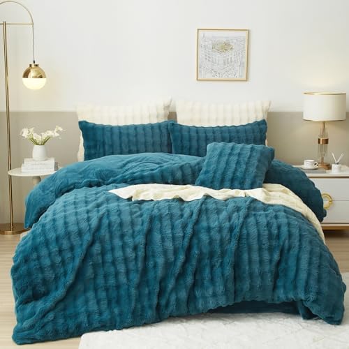 Luofanfei Winter Plüsch Bettwäsche 135 x 200 Blau Fleece Warm Flauschig Kuschelig Winterbettwäsche Bettwäsche Set Nicki Microfaser Warme Kissenbezug 80x80 cm Reißverschluss