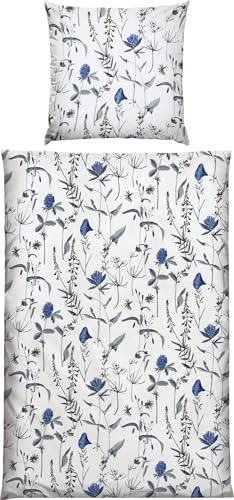 Erwin Müller Bettwäsche Single-Jersey mit Blümchen blau-weiß Größe 80x80 cm / 155x220 cm - temperaturausgleichend, bügelfrei, mit Reißverschluss