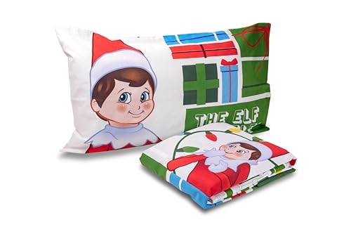 The Elf On The Shelf Bettwäsche-Set für Einzelbett, Einzelbett, Bettlaken, Spannbettlaken, Kissenbezug, 100% Baumwolle, Weihnachten, offizielles Produkt
