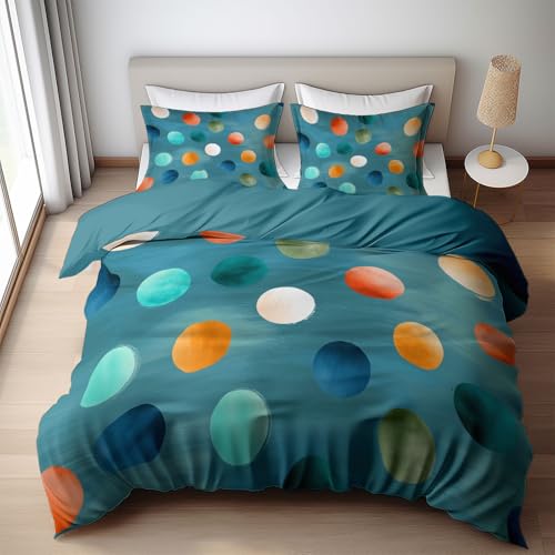 Quixora Bettwäsche 155 x 220 Wende Bettbezug Set 3 Teilig, Blaugrün, Muster Türkis Koralle Punkte, Weiche Microfaser Bettbezug mit Reißverschluss und 80x80cm Kissenbezug