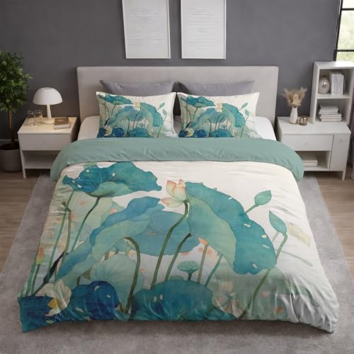 Cyan Bettwäsche Set (200 x 200) - Flauschige Hell Bettwäsche - Atmungsaktiv Warm Hautfreundlich – Weiche Bettwäsche - Mit Reißverschluss - Blumen Orientalisch Lotus Elegant