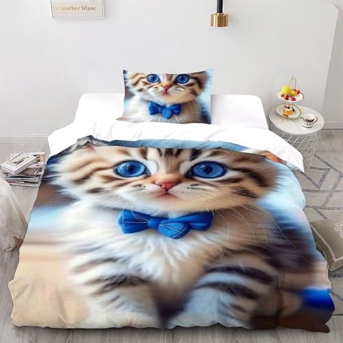 DICVXST 3D Katze in Einer Krawatte Bettwäsche-Sets Jugendliche Kind Band Bettwäsche 2er Set Mikrofaser Kissenbezüge Mit ReißVerschluss Soft Single?135x200cm?