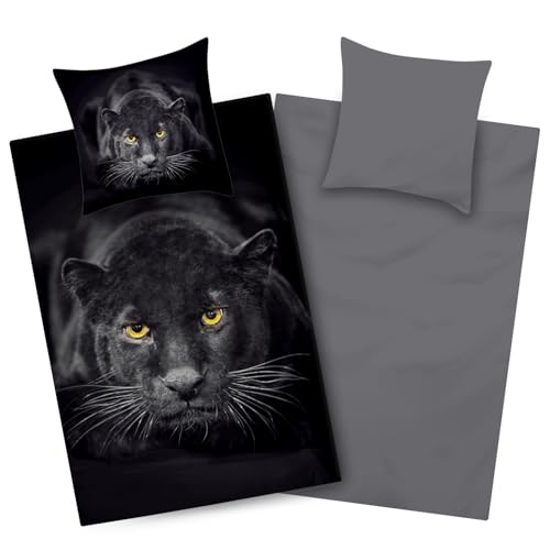 Aminata kids Mikrofaser Bettwäsche Jungen 135x200 - Wendebettwäsche mit Reißverschluss - Schwarzer Panther Motiv - Bügelfrei - vorteilhaft für Allergiker - schwarz