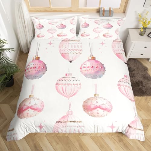 Homewish Rosa Weihnachtsdekoration Ball Bettwäsche 135x200 Träumige Bettbezug Weihnachtsthema Bogen Dekor Ball Bettwäsche für Kinder Mädchen Teen Rosa Weiß Bedding 1 Kissenbezug