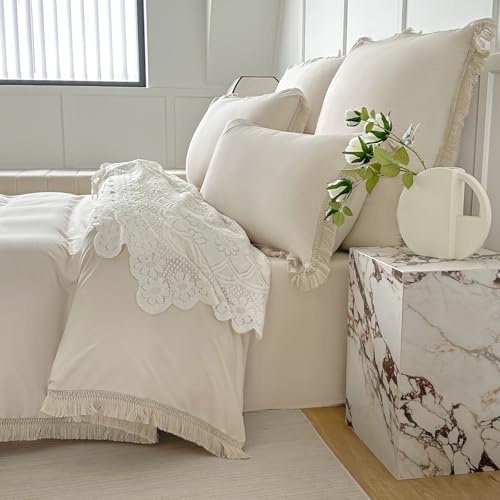 Amolavet Bettwäsche 135x200 Sommer 2teilig Set Beige Boho Quasten Design aus Gebürstetem Mikrofaser Sommerbettwäsche 135x200 Bettbezug 135 X 200 + Kissenbezüg 80x80 Mit Reißverschluss für Einzelbett