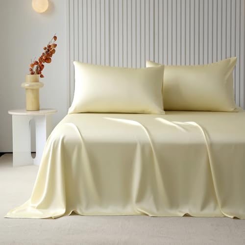 HighBuy Bettwäsche-Set für Doppelbetten – 3-teiliges Lyocell-Tencel-Bettwäsch e-Set für Doppelbetten – einfarbiges gelbes Bettwäsche-Set für Doppelbetten – extra weiche Spannbettlaken mit tiefen