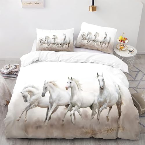 NYSMGS Bettwäsche 135x200 Mädchen Jungen Pferd 3D Druck Leicht Mikrofaser Bettbezug Weiß Tierisch Zimmer Dekor Bettwäsche-Sets 3Teilig mit Reißverschluss und 2 Kissenbezüge 80x80 a46