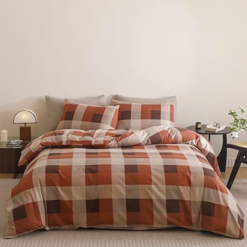 Luxlovery Kariertes rotes Schmusetuch Set Cal King Gingham Bettwäsche-Set Damen Bettwäsche Gitter Bettwäsche Set Flauschig Weich Cottagecore Khaki und Ziegelrot Decke Steppdecken mit 2 Kissenbezügen