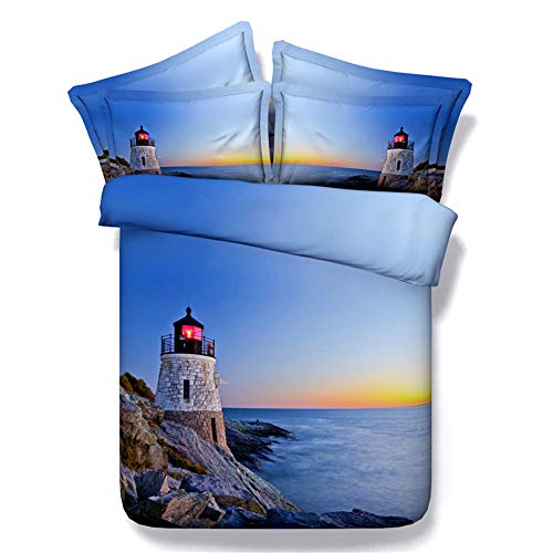 Bettwäscheset Weich Und Anti Milbe 400 Fadenzahl 100% Baumwolle Leuchtturm, Blau Bettwäscheset 3 teilig (1 + 2 Kissenbezüge 50x75cm) (1.2M Bed 135x200cm)