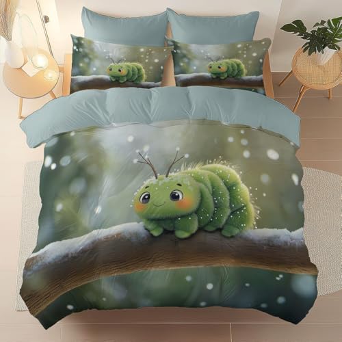 Bettbezug Bettwäsche Set Natürliche Winterraupe Drucken - Erwachsene Kinder Bettwäsche-Set, Mikrofaser Weiche Bettbezug mit Reißverschluss und Kissenbezüge, 135 x 200 cm, Hellblau