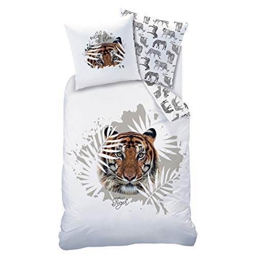 MTOnlinehandel Tiger Bettwäsche Set 135x200 · Kinderbettwäsche · Teenager-Bettwäsche · wild & Free, Safari & Blätter - Kissenbezug 80x80 + Bettbezug 135x200 cm - 100% Baumwolle