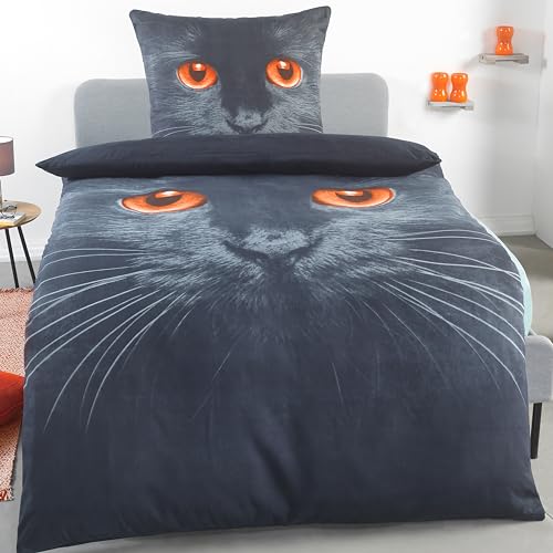 BaSaTex Microfaser Bettwäsche Set |100% Polyester | 2 teilig | 135x200 cm + 80x80 cm | Reißverschluss | Black Cat | Schwarze Katze