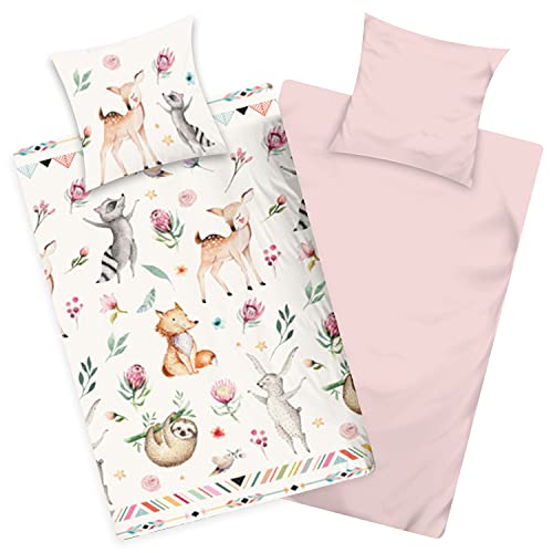 Aminata kids Bettwäsche Tiere Tier-Motiv 135x200 Kinder Cartoon-Style Mädchen - rosa - Reißverschluss - süße Wende-Kinder-Bettwäsche Set Waschbär, REH-Kitz & Fuchs