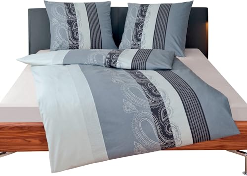 Janine Feinbiber Wende-Bettwäsche Davos 6456-08 135x200 cm + 80x80 cm Bordüre Paisley Streifen Anthrazit grau