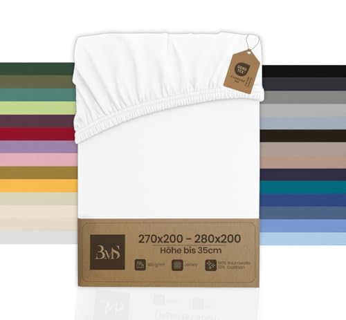 Bettwaesche-mit-Stil Familienbett Spannbettlaken Jersey Spannlaken Spannbetttuch (270x200-280x200 cm, Matratzenhöhe bis 35cm, Weiß) Gewicht: 180g/m², 90% Baumwolle 10% Elasthan