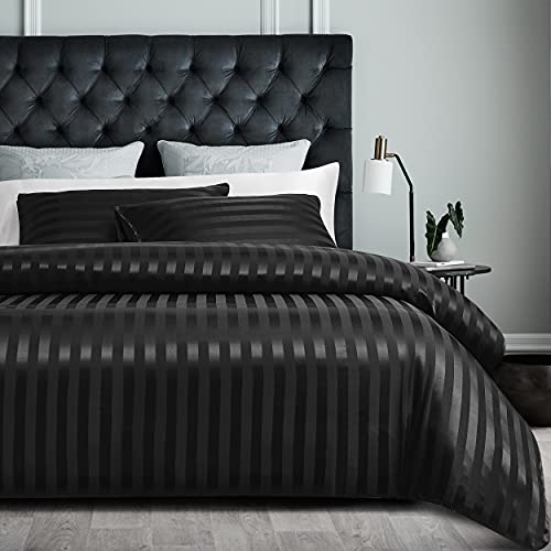 Damier Bettwäsche 135x200cm Schwarz Satin gestreift Bettbezug Set Seidig glänzend hochwertiges Glanzsatin Bettbezug mit verdecktem Reißverschluss und Kissenbezug 80 × 80 cm
