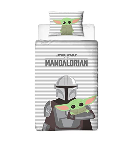Character World Disney Offizielles Star Wars The Mandalorian Bettwäsche-Set für Einzelbett, wendbar, zweiseitig, inklusive passendem Kissenbezug, Grogu Baby Yoda Kinder-Bettwäsche-Set