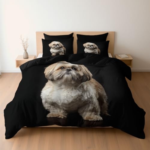 Bettwäsche Set 240 x 220 cm mit Kissenbezügen 2 x 80 x 80 Eleganter Shih Tzu Natürliches Licht Design, Mikrofaser Bettbezüge mit Reißverschluss, Weich und Bügelfrei, Schwarz