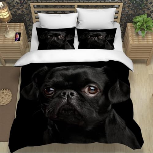 Bettwäsche 135x200 Mops 3D Druck Bettbezug 135 x 200 Schwarzer Hund Bettwäsche-Sets Weiche Mikrofaser Bettwäsche Set 3 Teilig Bettbezüge für Einzelbett mit 2 Kissenbezüge G-933