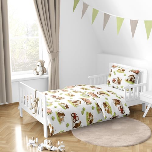 MTOnlinehandel Kinderbettwäsche Kleinkinder Bettwäsche Babybett Bettbezug 100x135 & Kissenbezug 40x60 Öko-Tex Baumwolle mit Reißverschluss (Bauernhof)