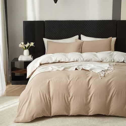 Boqingzhu Bettbezug Set 220x240 Baumwolle, Beige Weiß Bettwäsche 3 Teilig, Weich Atmungsaktiv Pflegeleicht, Reißverschluss, Doppelbett Bettgarnitur Wendebettwäsche Set