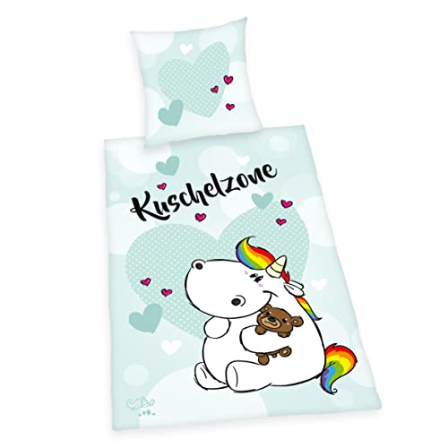 Herding Pummeleinhorn Bettwäsche-Set Kuschelzone, Kopfkissenbezug 80 x 80 cm, Bettbezug 135 x 200 cm, Mit leichtläufigem Reißverschluss, 100% Baumwolle/Renforcé, Weiß/Blau