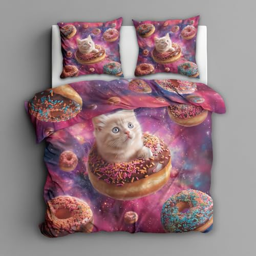 Generisch Kinder Katze Bettwäsche 200x200 3tlg, 2 Kissenbezüge 80x80 - Lustig Kätzchen Design Wendebettwäsche, Weiche Mikrofaser Bettbezug mit Reißverschluss, Deko & Geschenke - Ued29