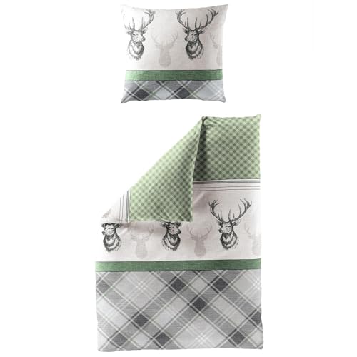 Traumschlaf kuschelig weiche Biber Bettwäsche Hirsche Gold aus 100% Baumwolle mit Reißverschluss 135x200 cm + 80x80 cm