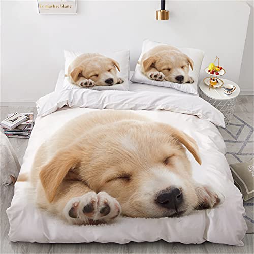 PEIHUODAN Tier 3D Bettbezug Set Kinder Schwarz-Weiß Beige Braun Grau Bettwäsche Set Haustier Welpen Schwarzer Mops Golden Retriever Muster Mikrofaser Bettbezüge und Kissenbezug (Beige,135 x 200 cm)