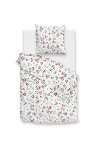 Zo!Home Cotton Bettwäsche 135x200 Sierra White Blütenzweige Blätter pink grün