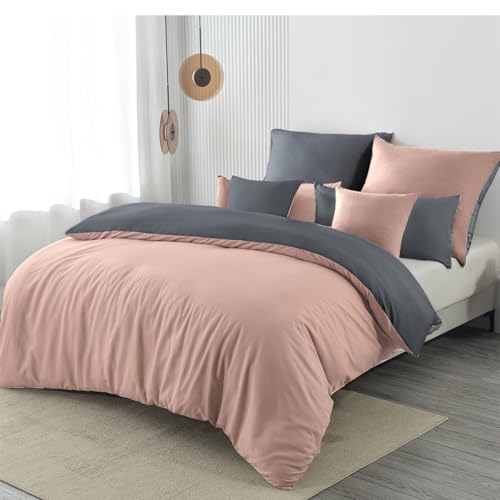 Nesture Bettwäsche 155x220 2teilig Rosa/Anthrazit Bettwäsche Sets Microfaser Wendebettwäsche 155 x 220, weich & bügelfrei 1 Bettbezug + 1 Kissenbezug 80x80cm mit Reißverschluss