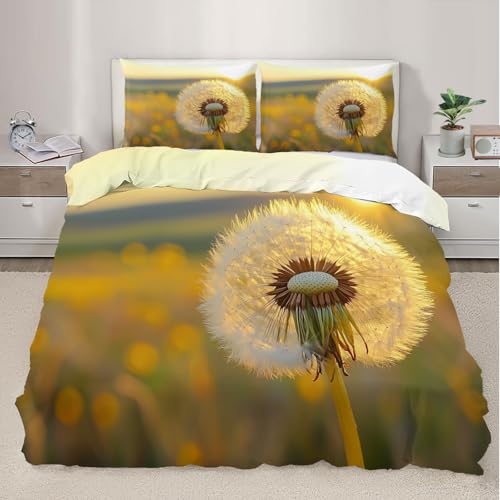 Dandelion Bedding Double Sunlit Pusteblume Bettbezug 3D Floral Trösterbezug Natur Bettwäsche-Set mit Kissenbezügen für Schlafzimmer