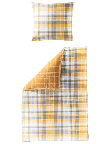 Bierbaum Biber Wende - Bettwäsche 2 TLG. 135x200cm Karos Gelb Ocker Sand Silber Grau