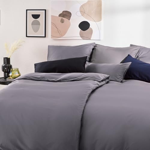Blumtal Bettwäsche 155x220 Mako & 80x80 cm Kissenbezug Anthrazit, Oeko Tex Zertifizierte Satin aus 100% Baumwolle - Edle Glanzoptik