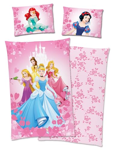 Disney Princess Prinzessin Arielle Cinderella Rapunzel Belle Aurora Bettwäsche 40x60 + 100x135 cm, 100% Baumwolle mit Reißverschluss