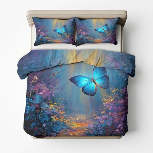 Generisch Bettwäsche 200x220 Schmetterling Blumen Design, 3teilig - Butterfly Bettbezug und 2 Kissenbezug 80x80, Wendebettwäsche, Schlafzimmer Deko, Mikrofaser, mit Reißverschluss SD-1207