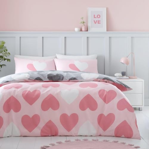 GC GAVENO CAVAILIA Bettwäsche-Set für Einzelbetten (150 x 200 cm), wendbare Bettwäsche und Leinen, Polycotton-Einzel-Bettwä sche-Set, Herzen, Rosa/Anthrazit