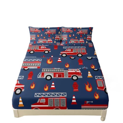 Feuerwehrwagen Jungen Bettlaken Sets mit Kissenbezug,Cartoon Kinder Feuerwehr Bettwäsche Set, Spannbettlaken für Jungen Schlafzimmer Dekor (135x200+75x50x1,C2)