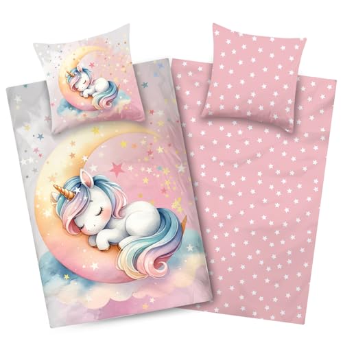 Aminata kids Kinderbettwäsche 135x200 Baumwolle Mädchen Einhorn Motiv Kinder-Wende-Bettwäsche- Set rosa Mond & Sterne, Regenbogen