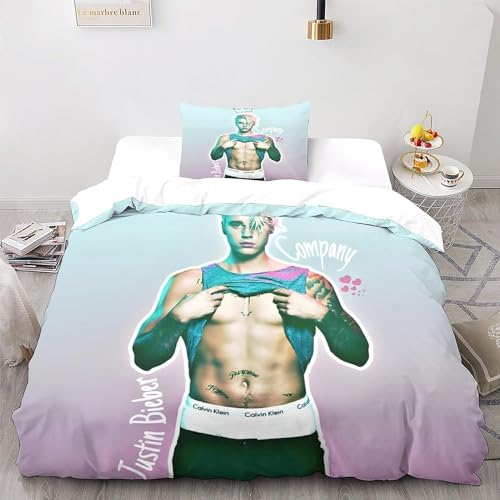 GeRRiT Justin Bieber Bettbezug 2- oder 3-teiliges Spiele-Bettwäsche-Set aus Mikrofaser, für Schlafzimmer, Dekor, 3D-Druck, Bettwäsche-Set mit Kissenbezügen (Biebe, Einzelbett, 135 x 200 cm)
